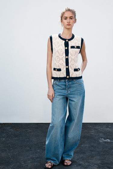 POINTELLE KNIT WAISTCOAT TOP - Ecru / Navy by Zara - Image 0