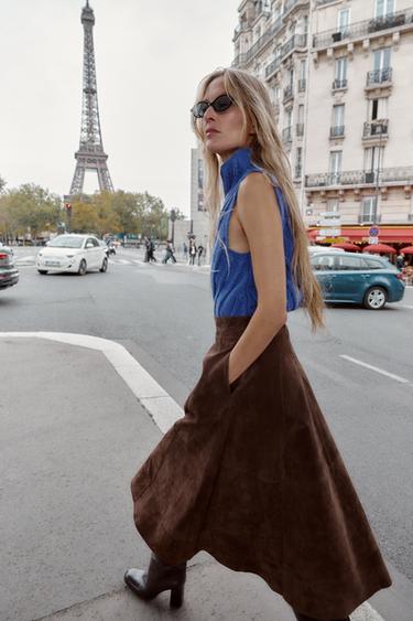 JUPE CAPE 100% CUIR DE DAIM - Marron foncé de Zara - Image 4