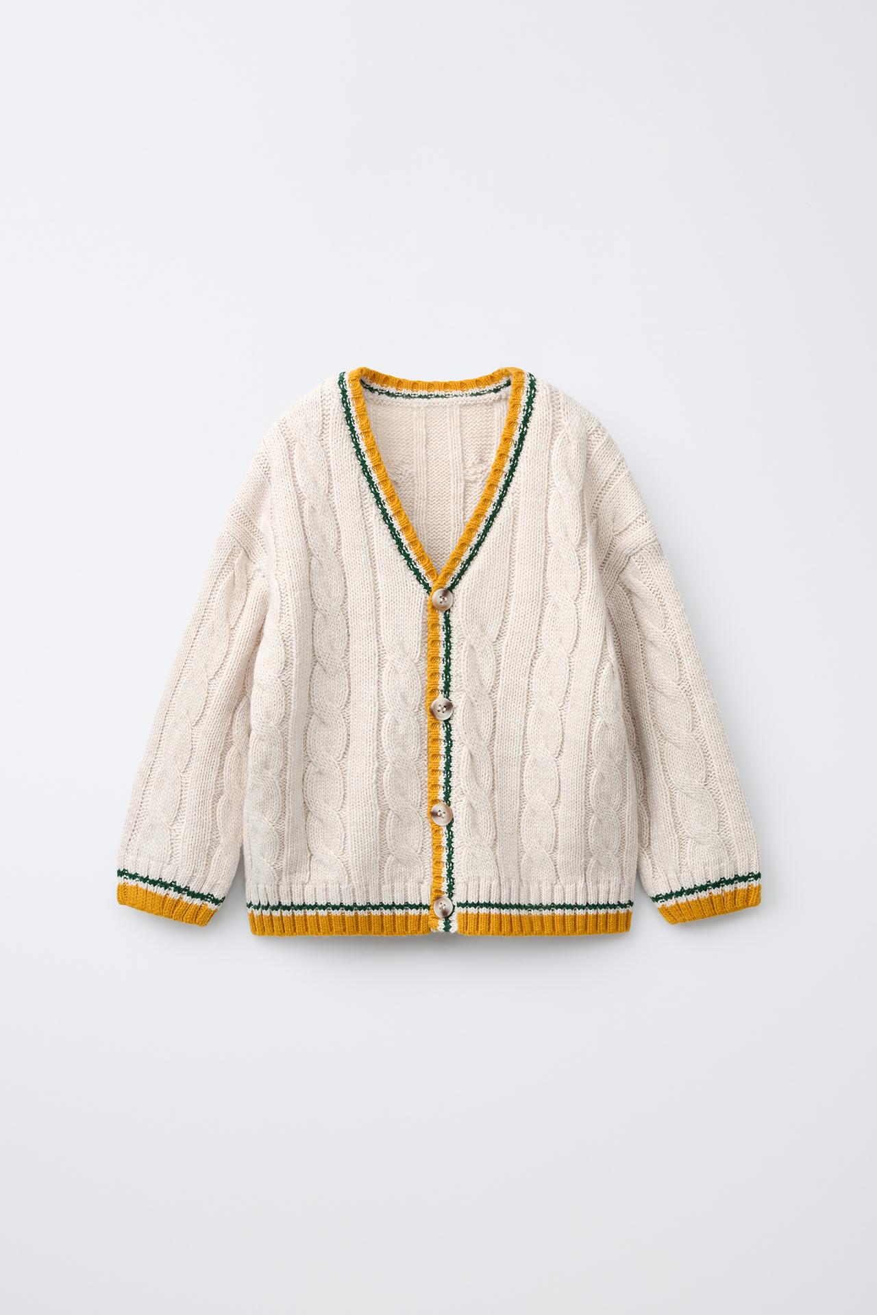 CABLE-KNIT VARSITY CARDIGAN — Ecru