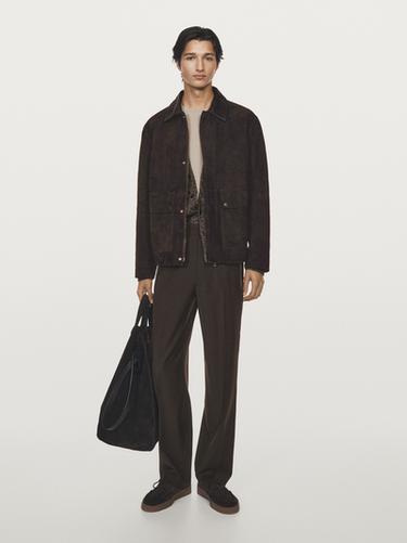 Zara Suede leather jacket with collar detail - Chocolate