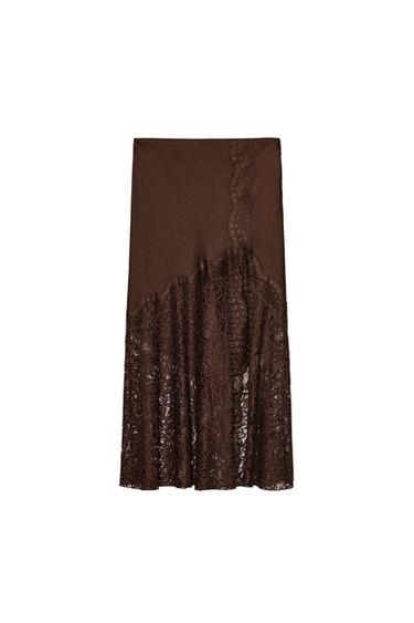 Zara SATIN LACE SKIRT ZW COLLECTION - Brown