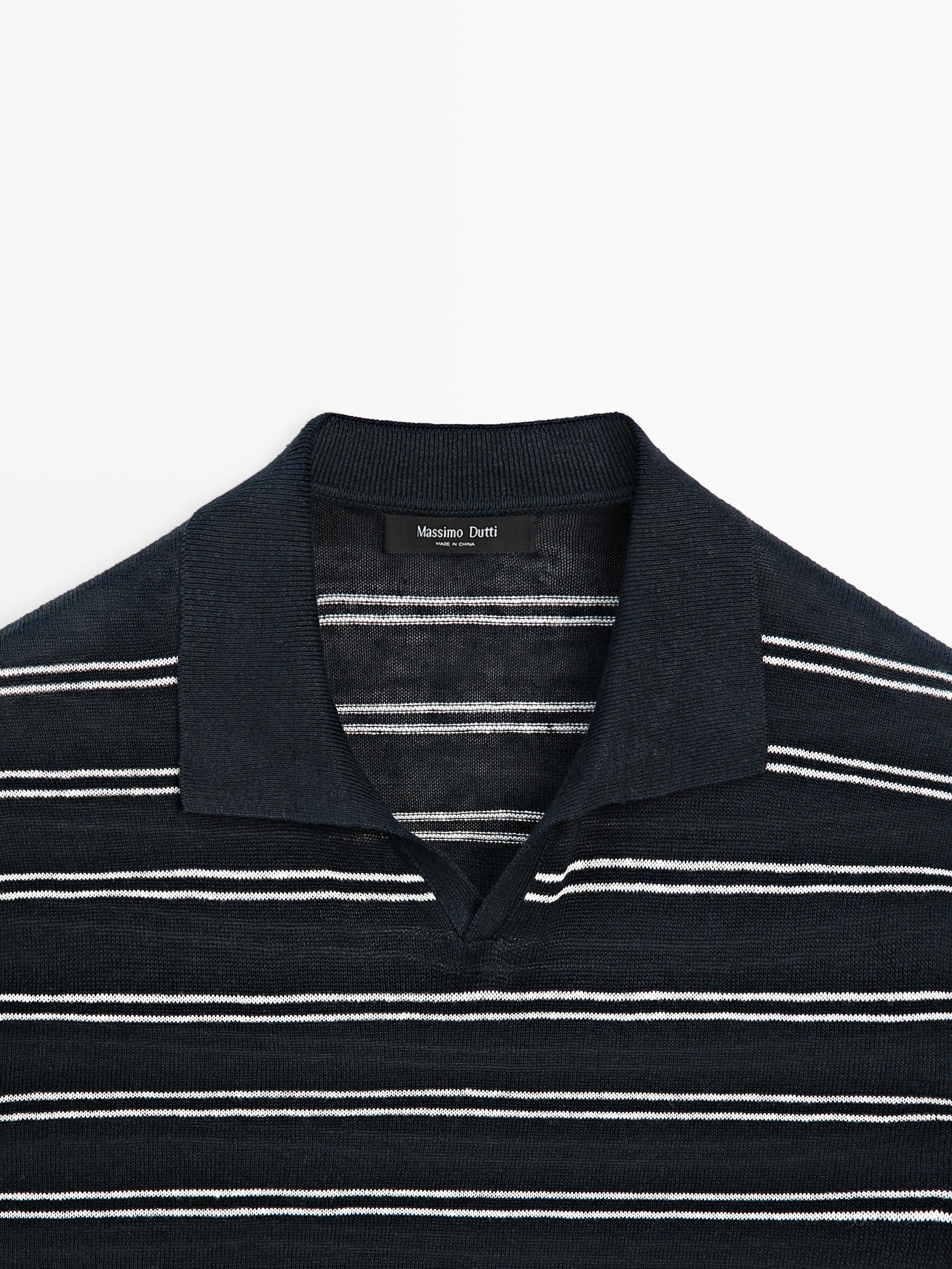 Striped 100% linen V-neck polo shirt