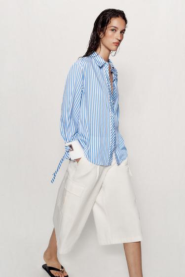 CHEMISE À RAYURES ET LACETS - Bleu / Blanc de Zara - Image 2