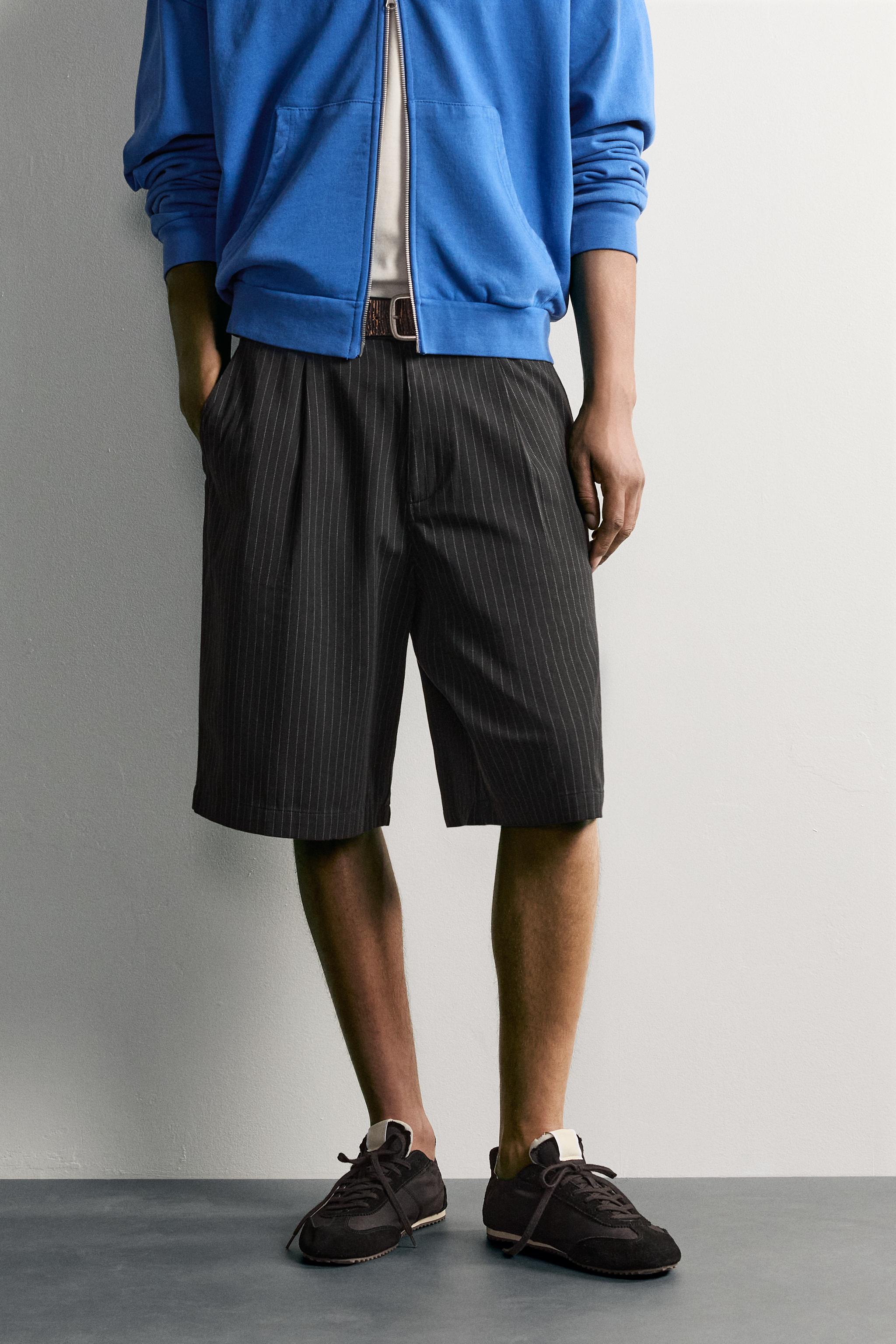 PINSTRIPE BAGGY FIT SHORTS — Black