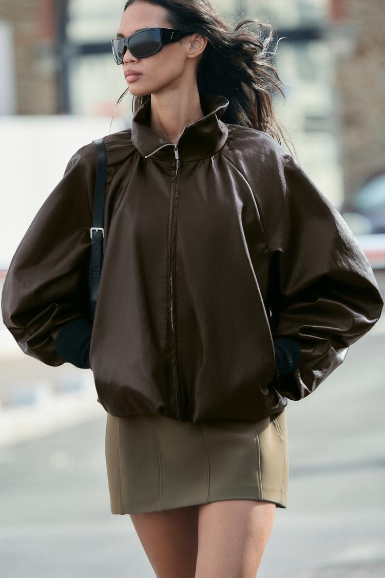 FAUX LEATHER GATHERED JACKET — Brown