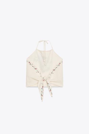 FLORAL EMBROIDERED HALTER TOP - Ecru by Zara - Image 3
