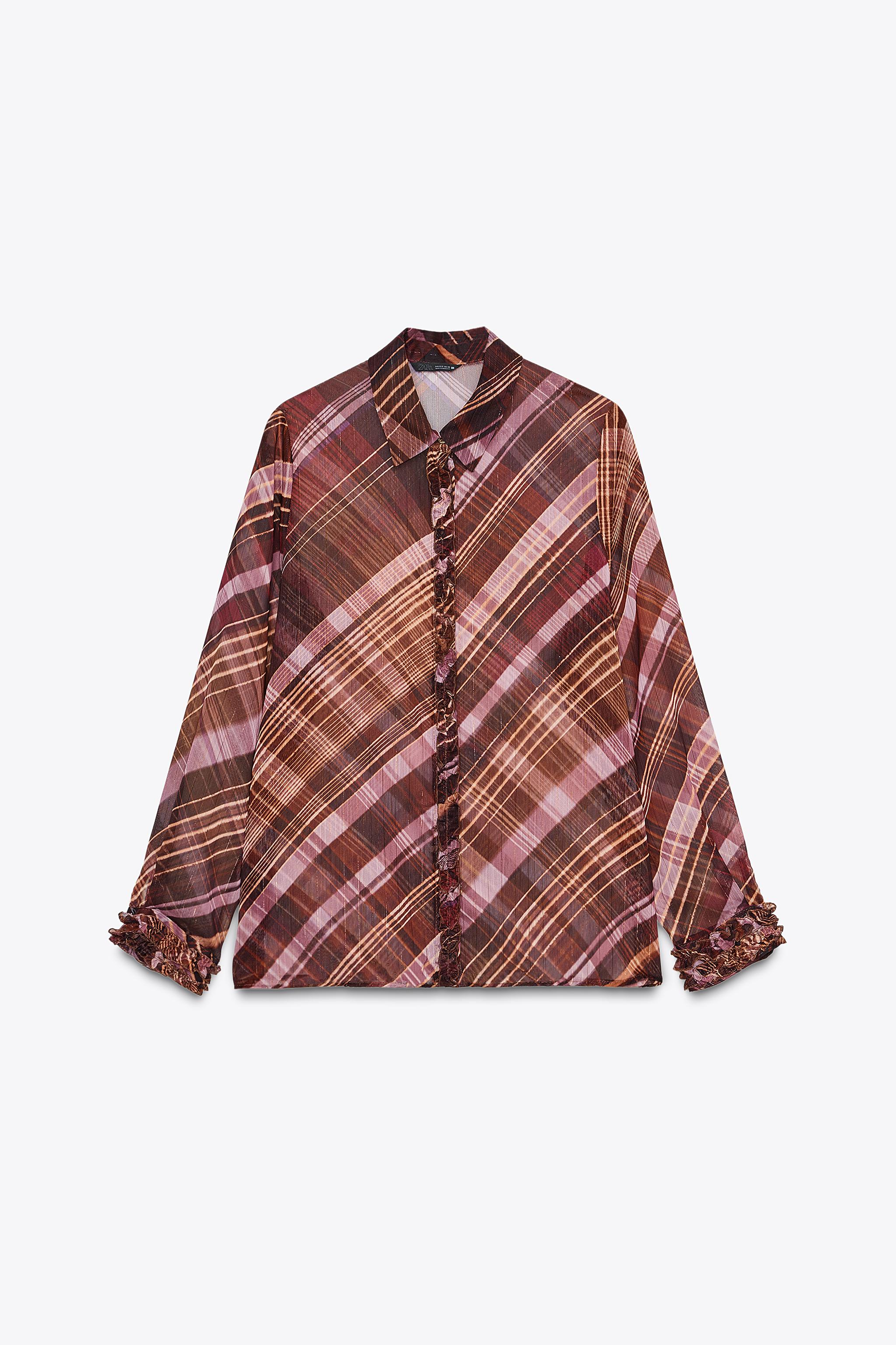 トップス SHEER PLAID VOLUME SLEEVE TOPS Sheer Plaid Long Sleeve High Neck Top – Plastique