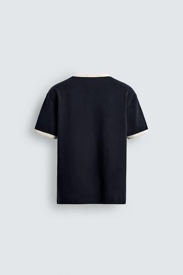 Zara BASIC CONTRAST RIB T-SHIRT - Navy blue