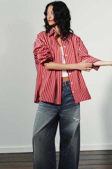 OVERSIZE STRIPED POPLIN SHIRT - Red / White by Zara