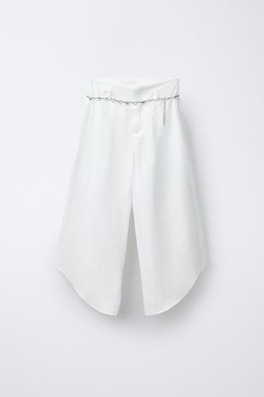 بنطلون كتان بحزام مجوهرات - أبيض by Zara