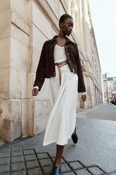 FALDA MIDI CON CINTURÓN - Blanco de Zara