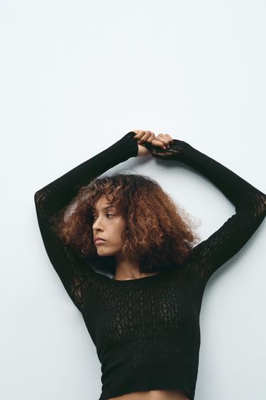 Zara SEAMLESS LACE TOP - Black