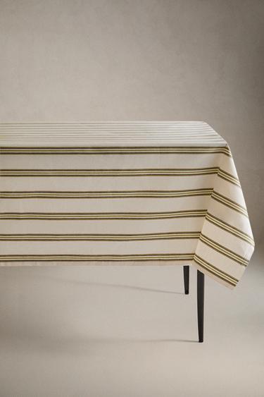 RESIN-COATED TABLECLOTH WITH IRREGULAR STRIPES - Ecru by Zara