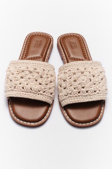 Zara CROCHET FLAT SANDALS - Off White
