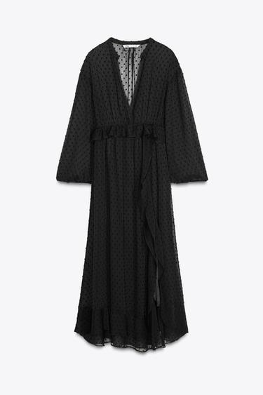 Zara RUFFLED DOTTED MESH DRESS - Black - Image 0