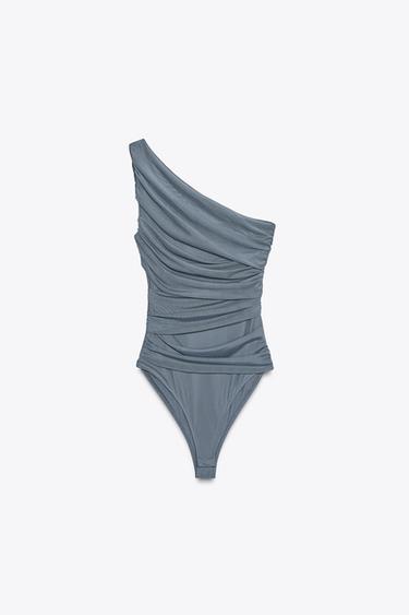 Zara ASYMMETRIC DRAPED TULLE BODYSUIT - Blue / Gray