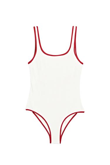 Zara Contrast texture swimsuit - Red