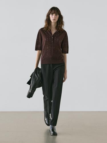 Zara Short sleeve wool blend knit polo shirt - Chocolate