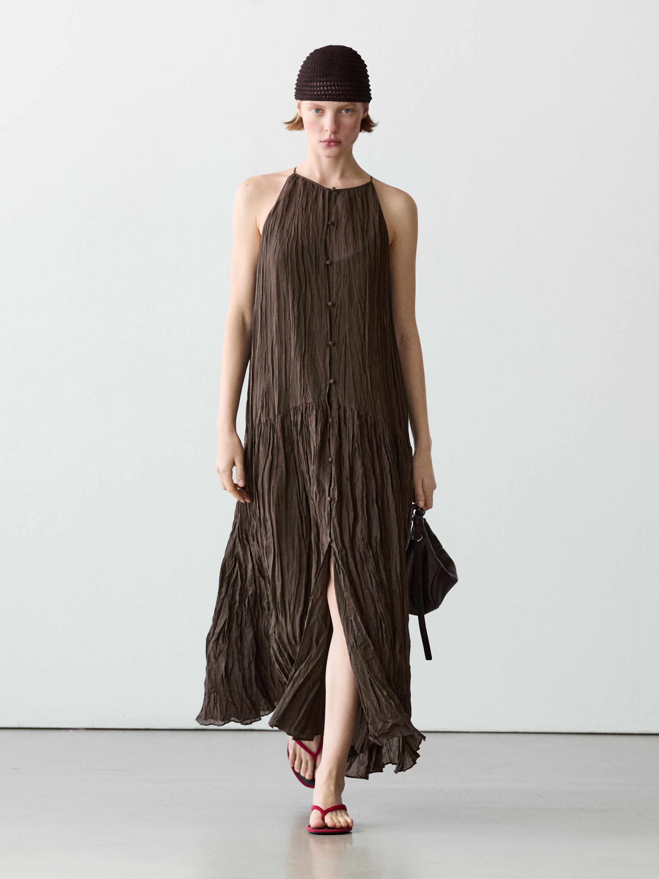 Flowing midi dress with button details — Brown
