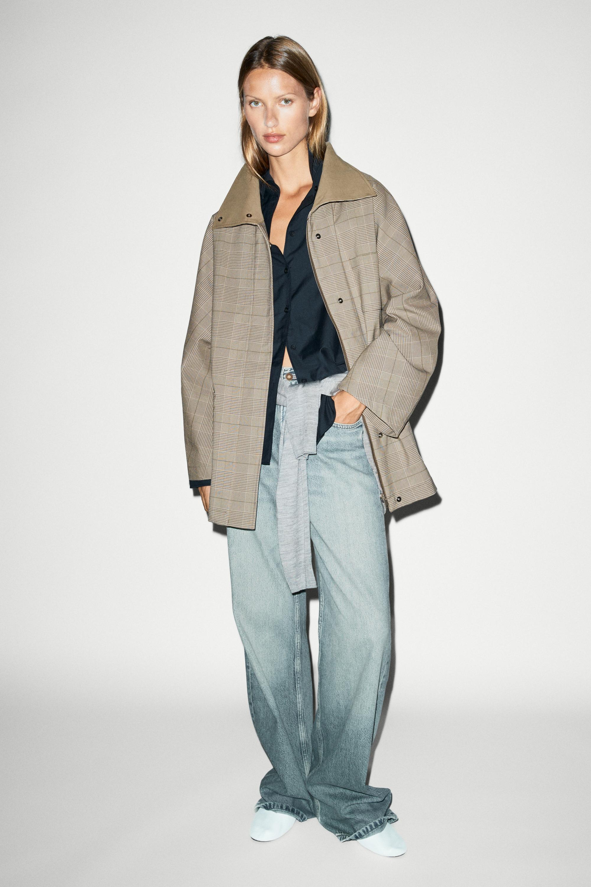 Cotton blend plaid high neck jacket — Khaki