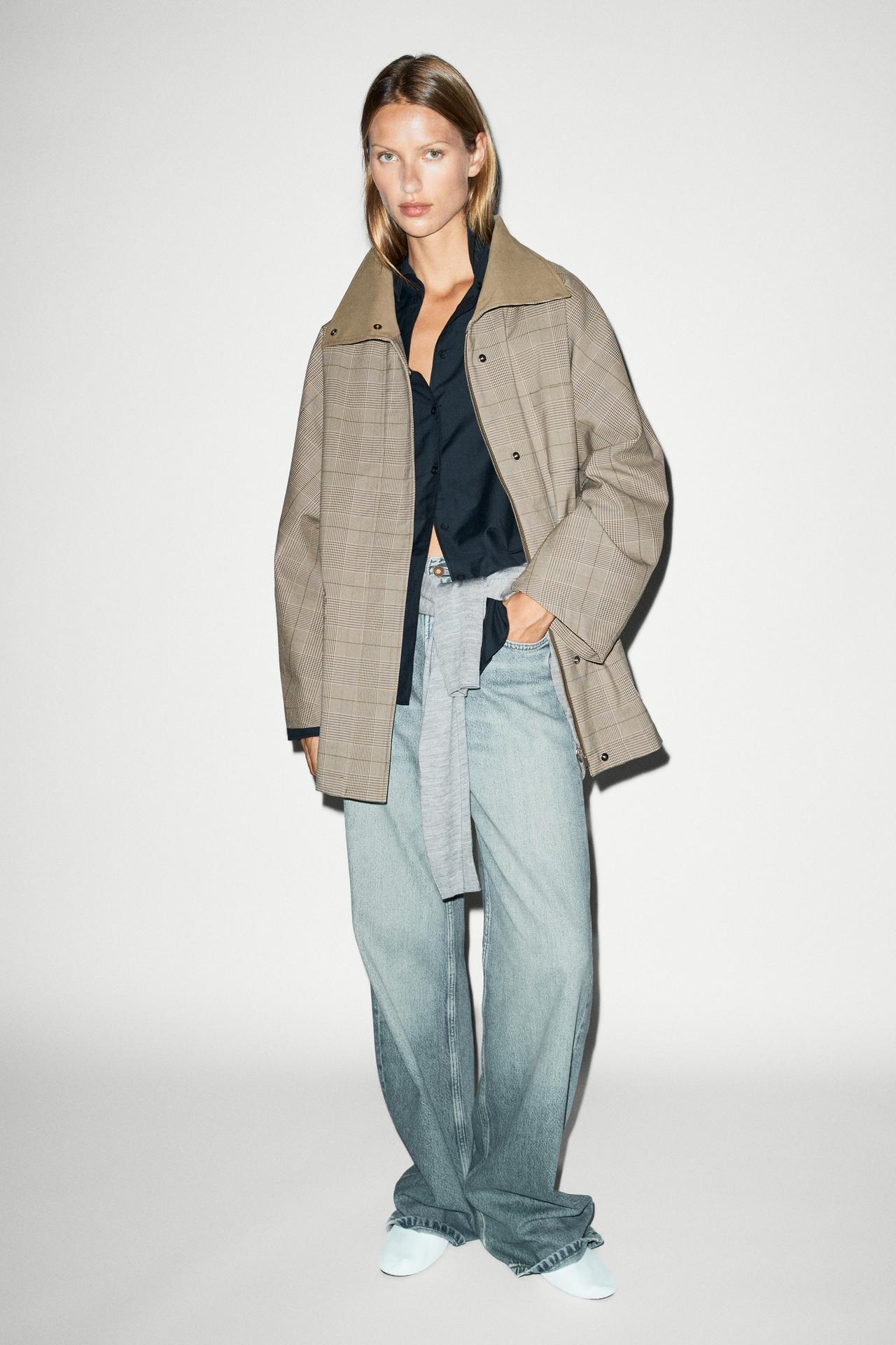 Cotton blend plaid high neck jacket — Khaki