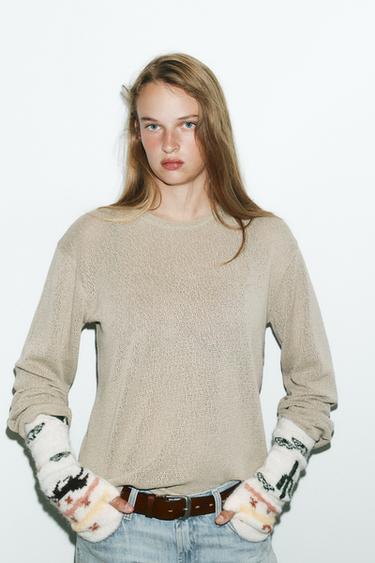 Zara PRINTED KNIT MITTENS - Ecru