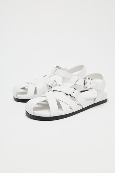 FLAT LEATHER CAGE SANDALS - White by Zara - Image 3
