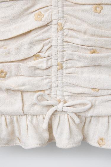 GATHERED TOP WITH EMBROIDERED FLOWERS AND LINEN - Sand by Zara - Image 3