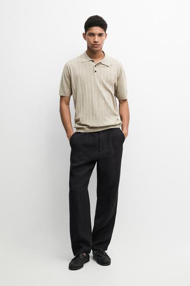 Zara Knit cotton blend polo shirt with short sleeves - Beige / Green - Image 0