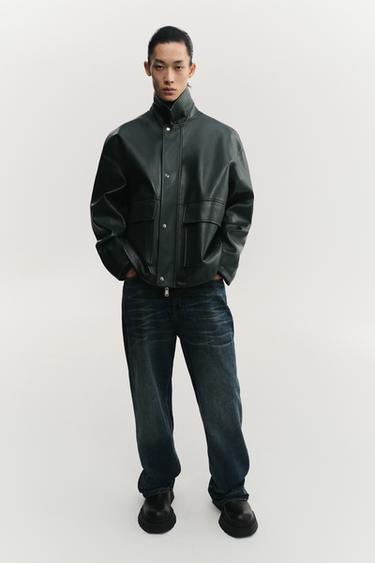 Zara 寬鬆版型人造皮革夾克 - 深綠色 - 圖片 0