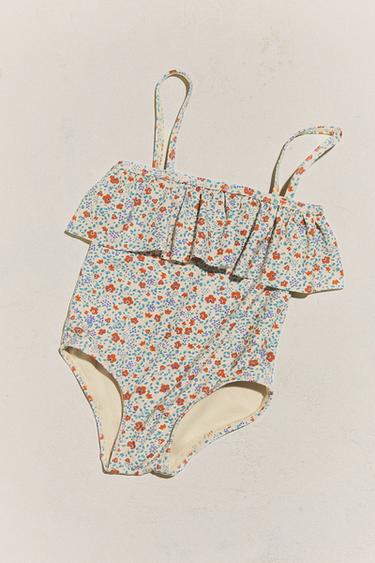 Zara KIDS’ FLORAL RUFFLE BEACH SWIMSUIT - Sand
