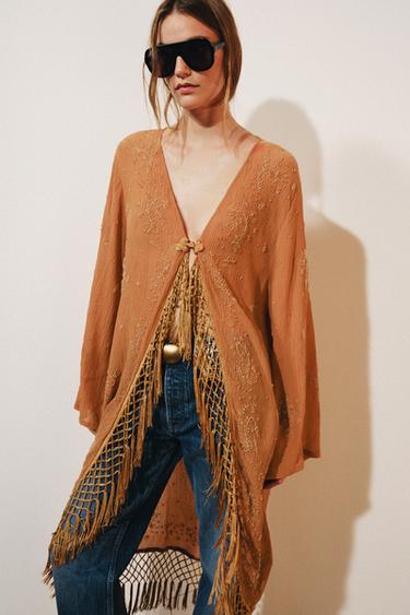 Zara ZW COLLECTION EMBROIDERED KAFTAN - Brick