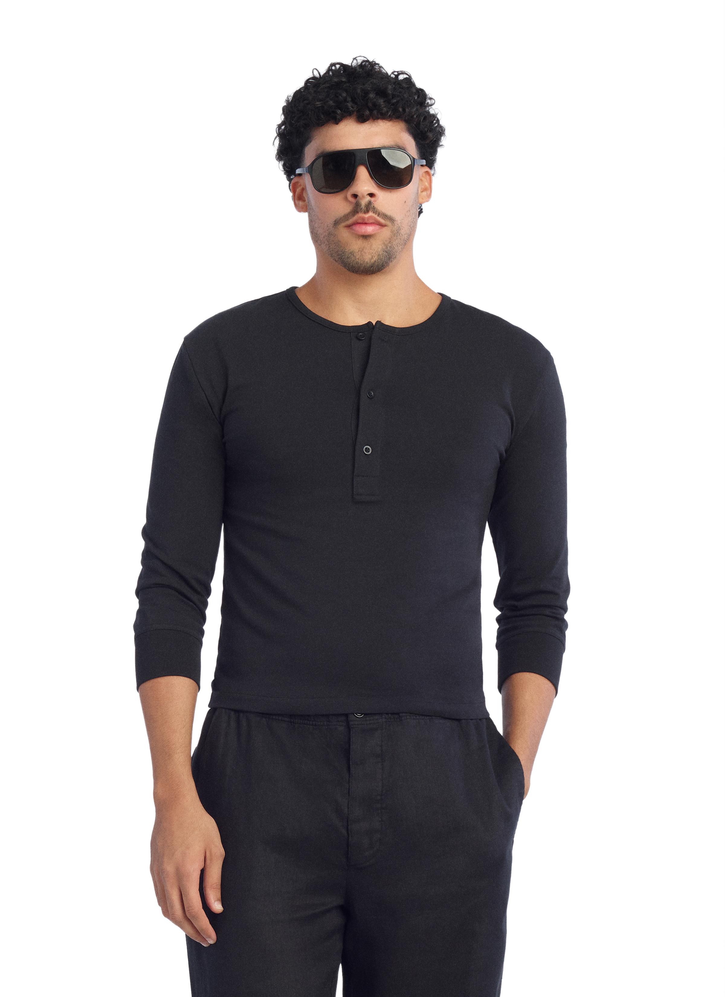 CROPPED FIT HENLEY T-SHIRT — Black