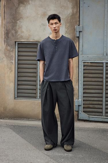 Zara 褪色效果鈕扣領 T 恤 - 海藍色