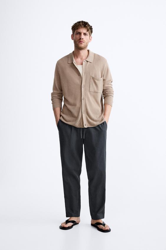 COTTON - LINEN TROUSERS - Oyster-white