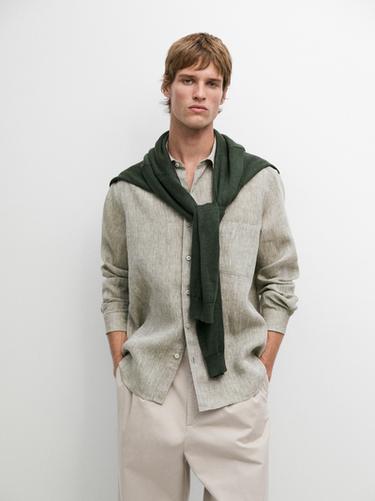 Zara Regular fit linen shirt with pocket - Billiard green