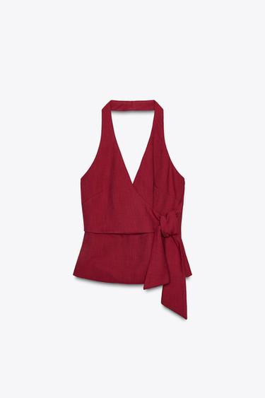 Zara KNOTTED HALTER VEST - Cherry red