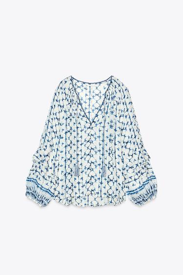 PRINTED BLOUSE WITH METALLIC THREAD - Ecru / Blue by Zara - Image 5