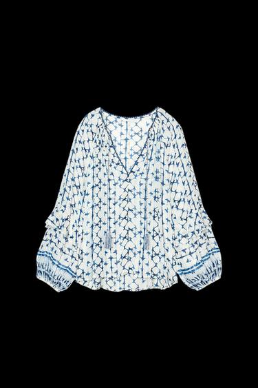 PRINTED BLOUSE WITH METALLIC THREAD - Ecru / Blue by Zara - Image 0