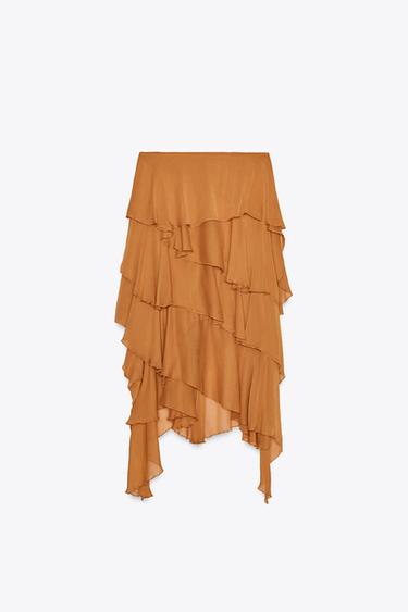 ZW COLLECTION ASYMMETRIC RUFFLE MIDI SKIRT - Orange by Zara - Image 3