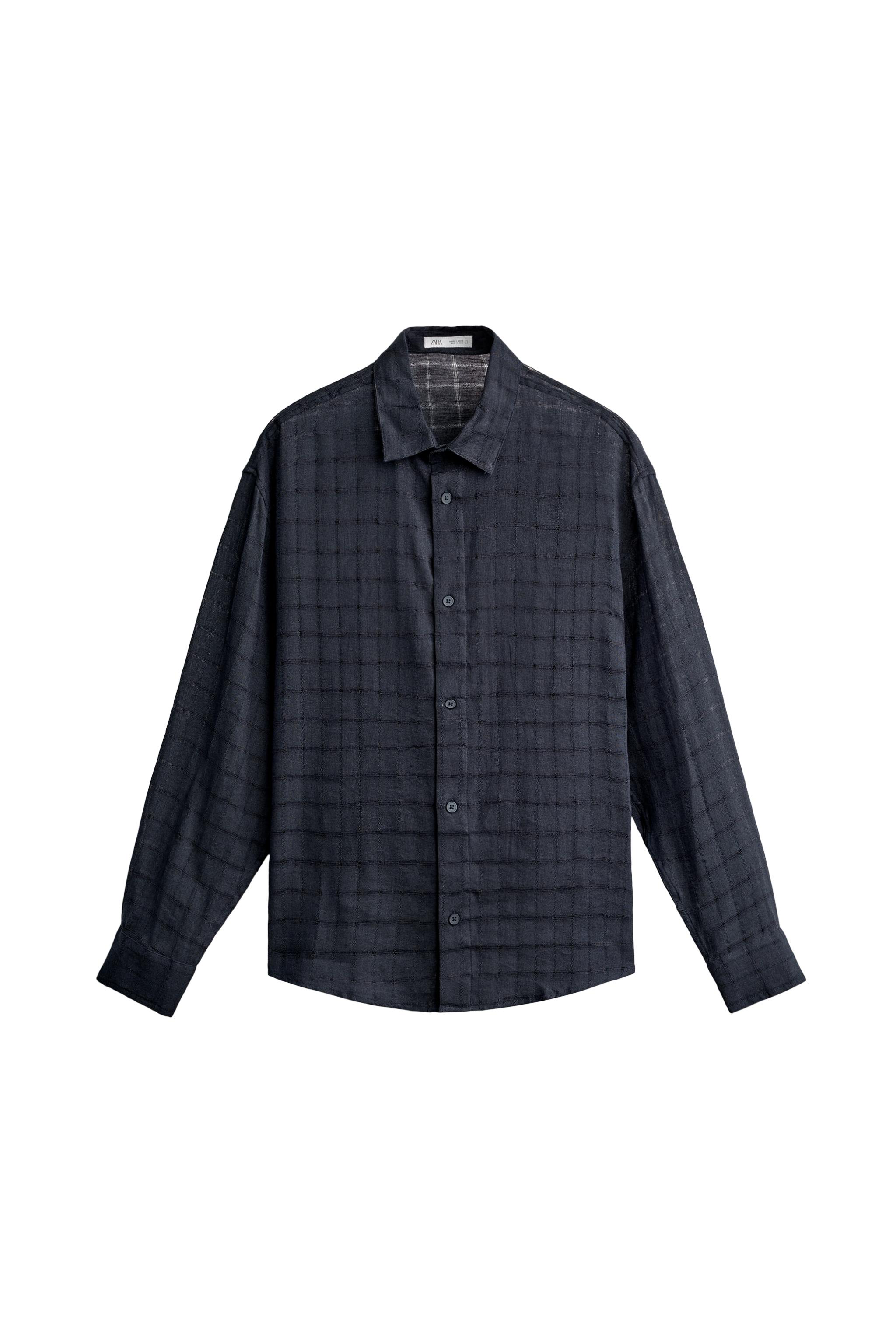 RELAXED FIT CHECKERED LINEN-COTTON JACQUARD SHIRT - Navy blue
