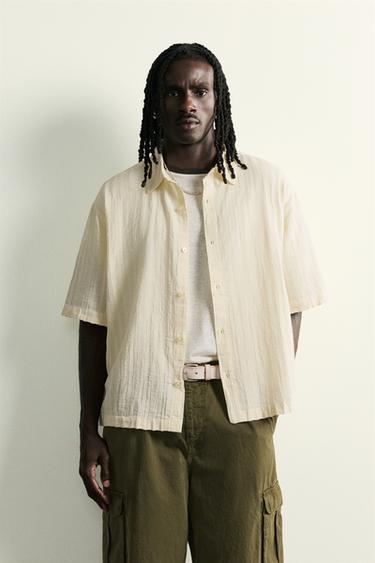 BOXY FIT-SKJORTE MED JACQUARDSTRIBER - vanilje fra Zara