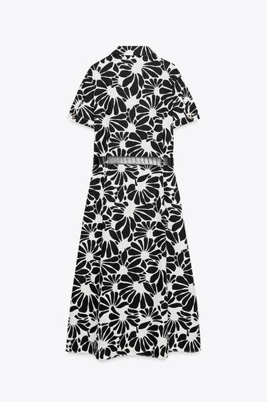 PRINTED POPLIN MIDI DRESS WITH BELT - Black / White by Zara - Image 7