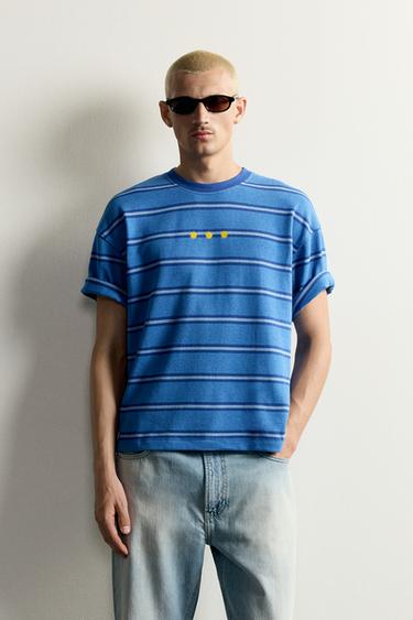 STRIPED JACQUARD EMBROIDERED T-SHIRT - Blue / Indigo by Zara