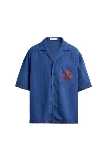CONTRAST EMBROIDERED VISCOSE - LINEN SHIRT