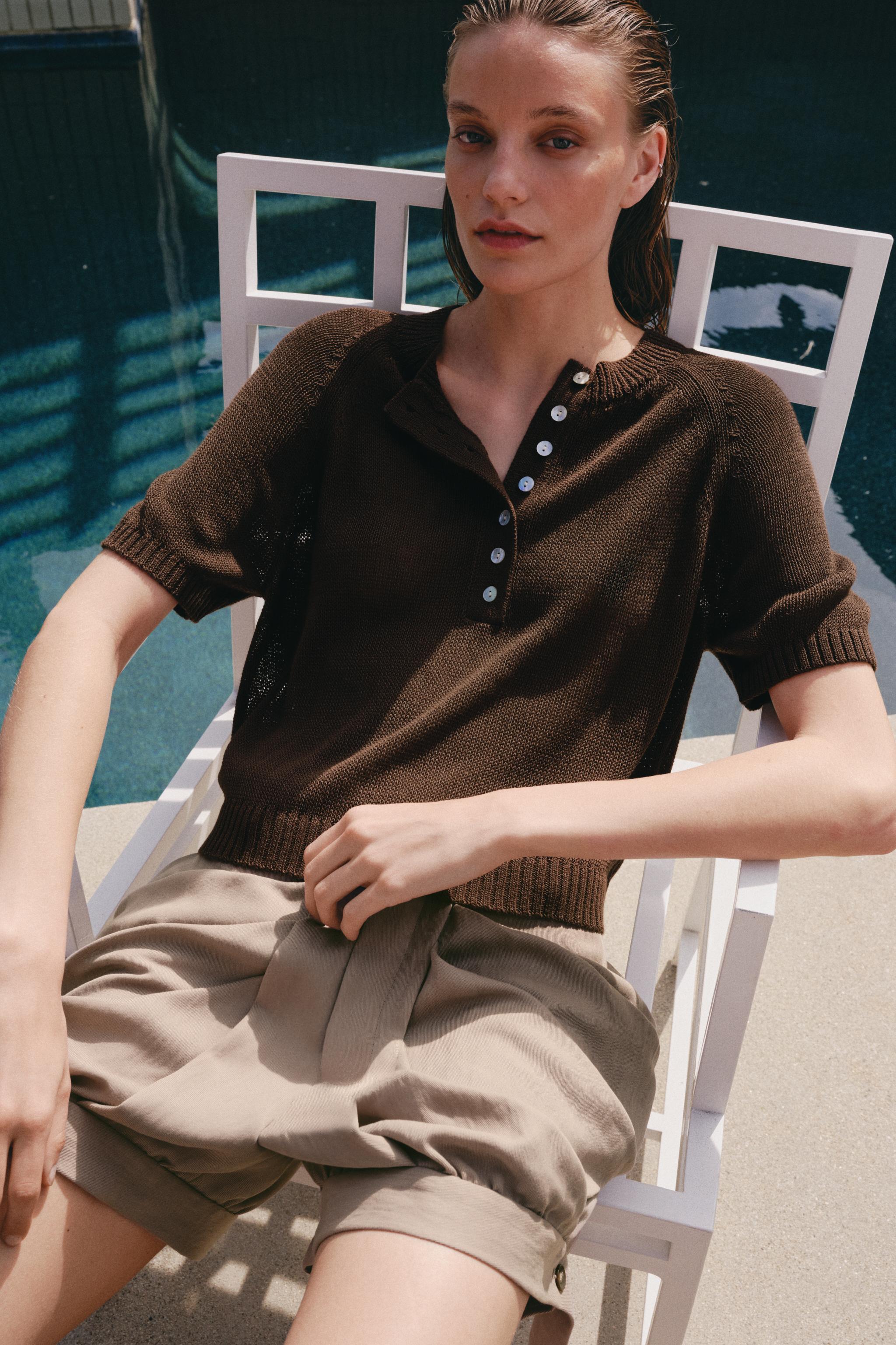 Женские свитеры Zara SHORT SLEEVE BUTTON KNIT JUMPER