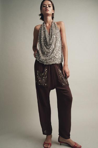ZW COLLECTION HALTER SEQUIN TOP - Silver by Zara