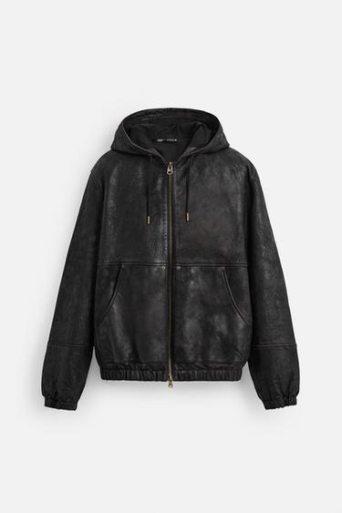 LEATHER HOODED JACKET - Brown by Zara - Image 0