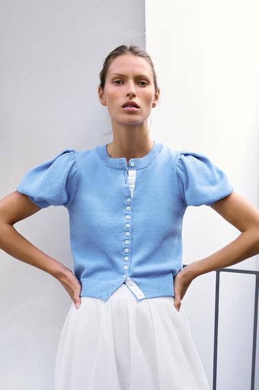 GILET EN MAILLE MANCHES COURTES BOUFFANTES - Bleu clair de Zara - Image 6