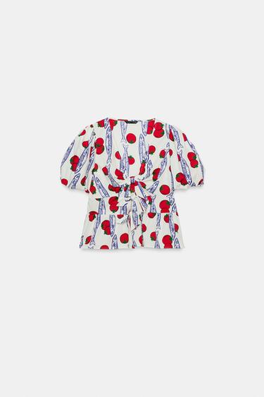 CHEMISE IMPRIMÉE À LACETS - Bleu / Blanc de Zara - Image 5